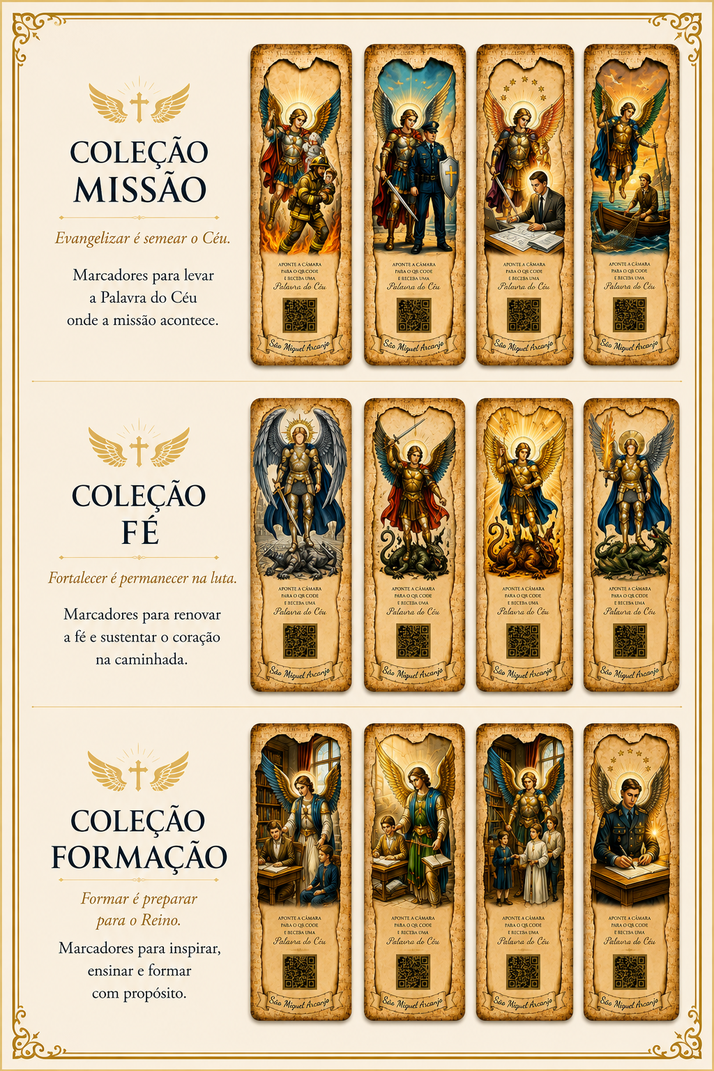 As três coleções de marcadores do Kit Missionário São Miguel